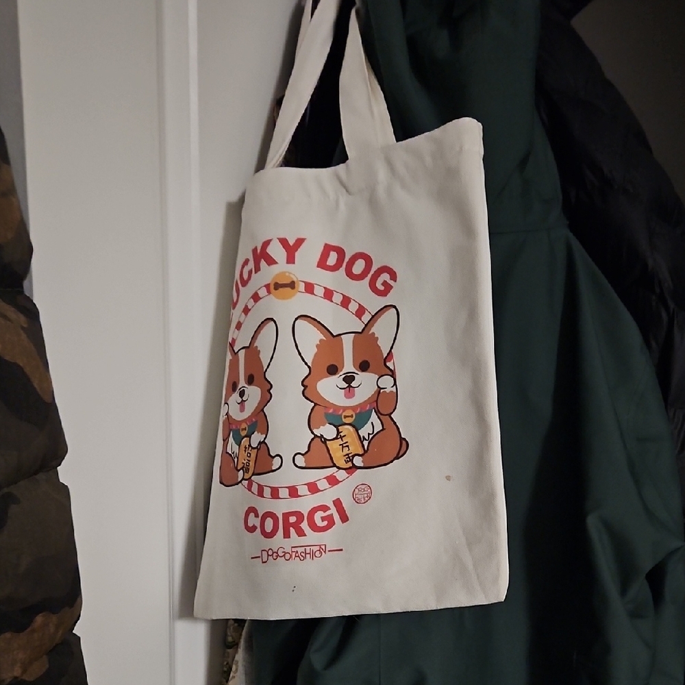 Lucky Dog Asian Corgi Canvas Tote Bag - White with Brown/Red Print